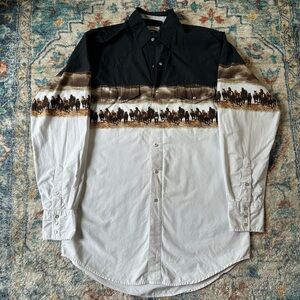 Vintage Horses Wrap Around Western Pearl Snap Shirt Large